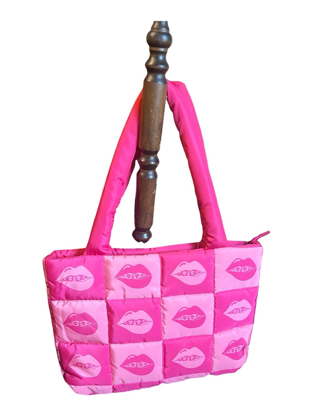 Benefit Quilted Lips Pout Puffer Pink Checkerboard Tote Bag Hearts NWOT
